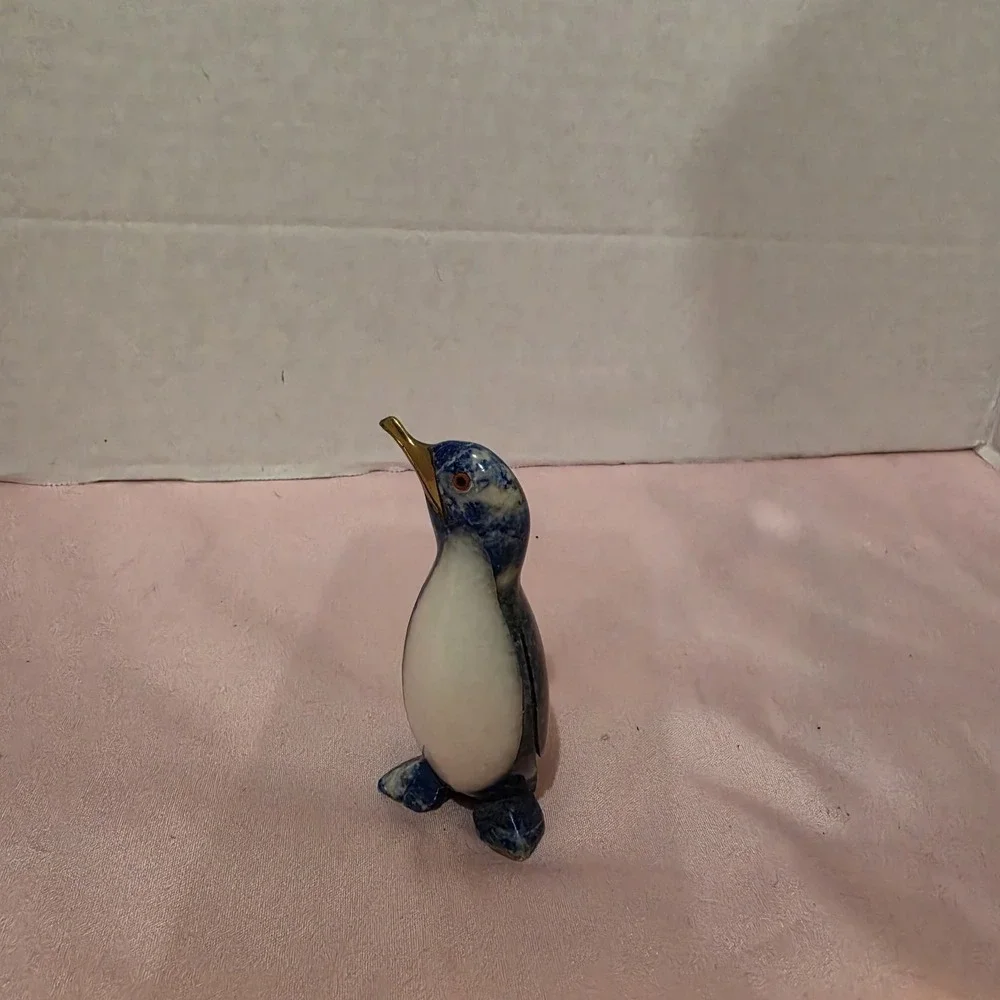 Carved Lapis Lazuli Penguin Figurine with White Onyx Belly and Brass Beak 2.1